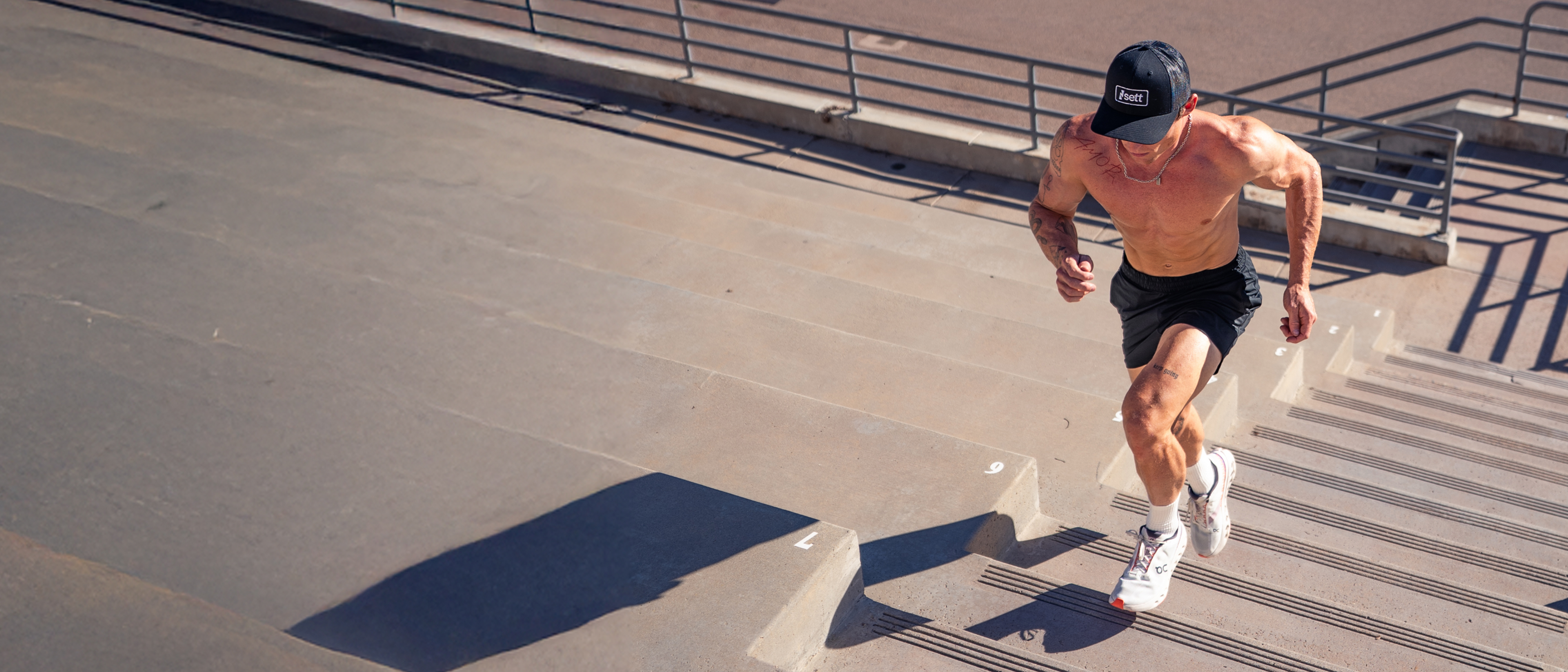 A man climbing the stairs at a run